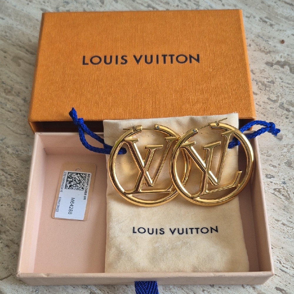 Louis Vuitton Gold Logo Hoop Earrings
